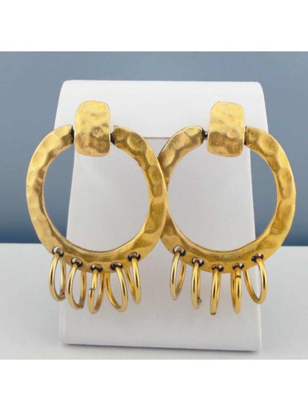 Hammered Gold Tone Hoop Earrings Dangling Rings Statement Jewelry